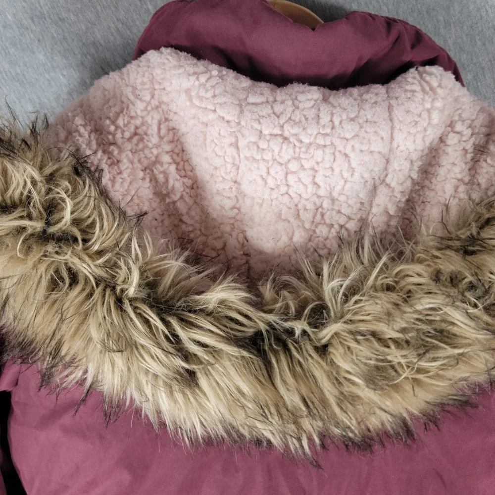 Abercrombie Kids Parka Jacket Kids 15/16 Maroon Faux Fur Hooded Sherpa Lined